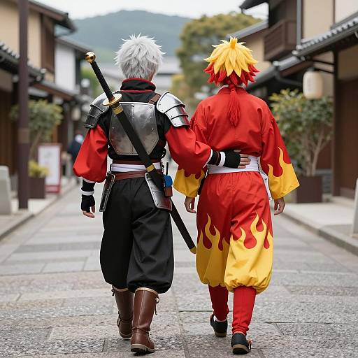 Two Cosplayers Walking on Traditional Japanese Street