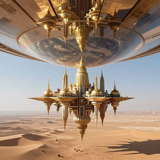 CGI artwork of a futuristic, golden spaceship-like city with multiple spires and domes, hovering above a desert landscape, with a large planet visible