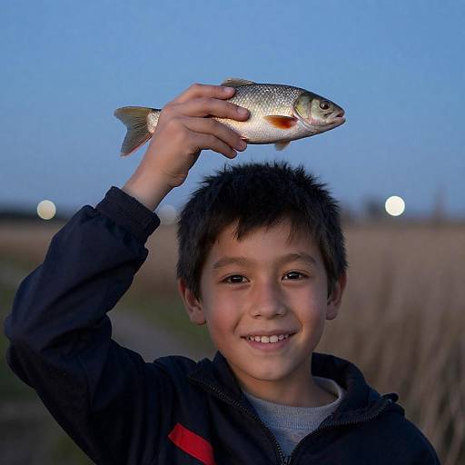 Joyful Boy Holding Toy Fish at Dusk
