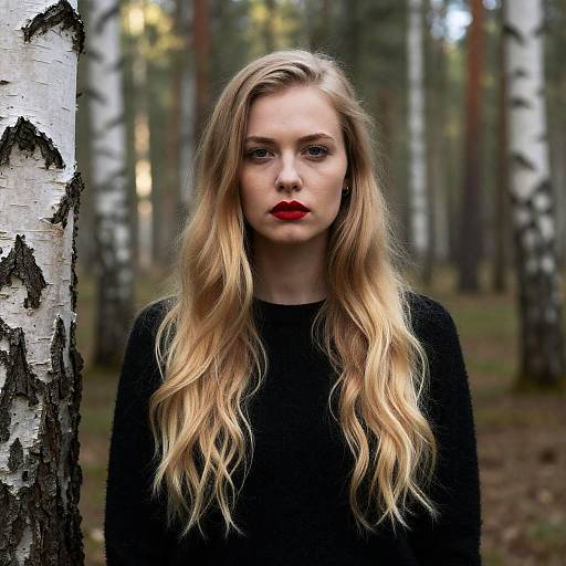 Serious Woman in Forest with Birch