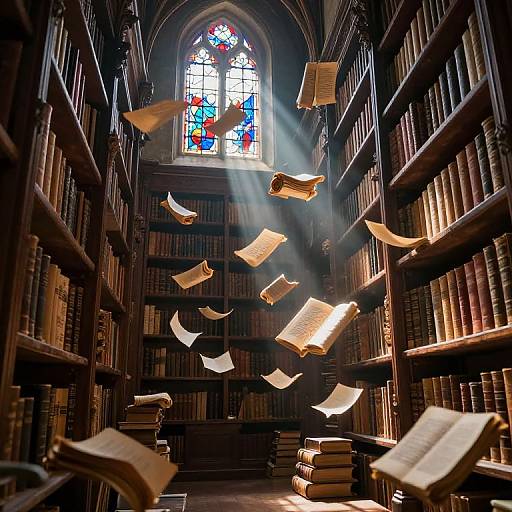 Photograph of a sunlit, Gothic-style library with books floating in mid-air, illuminated by a colorful stained glass window.