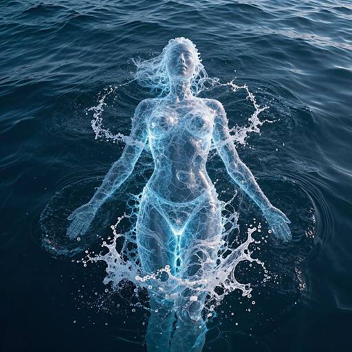 CGI image of a transparent, glowing blue woman with wet hair, floating in dark, rippling water, illuminated by ethereal light.
