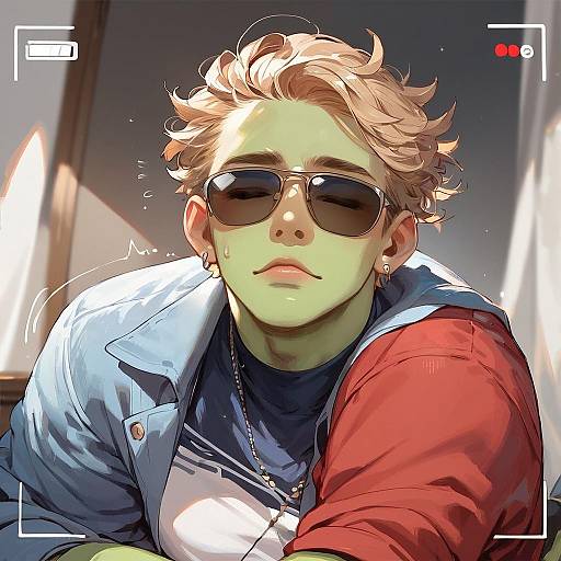 Anime Boy with Green Skin and Sunglasses