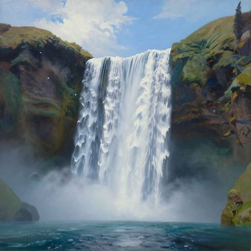 Photograph of a powerful waterfall cascading down rocky cliffs into a misty blue pool, surrounded by lush greenery and a clear blue sky.