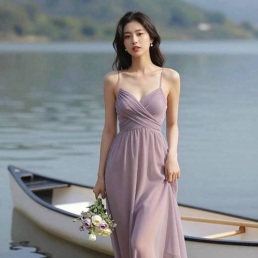 Woman in Mauve Maxi Dress by Lake with Canoe
