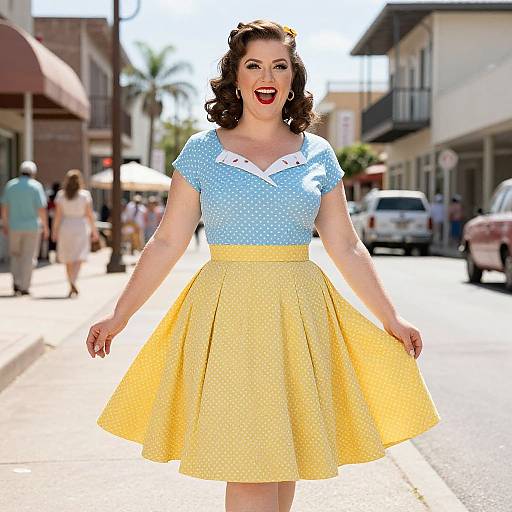 Photograph of a smiling, fair-skinned woman with curly brown hair, wearing a light blue polka-dot top and yellow polka-dot skirt,