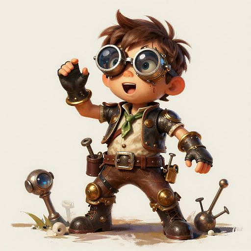 Digital illustration of a chubby, brown-haired boy in steampunk gear with goggles, brown vest, and gloves, standing with a happy expression and raising