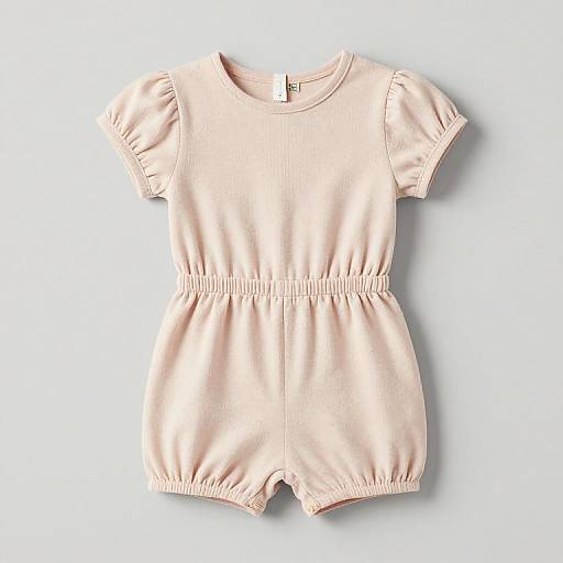 Photograph of a pale pink, short-sleeved, ruched, cotton onesie for a baby, displayed against a white background.