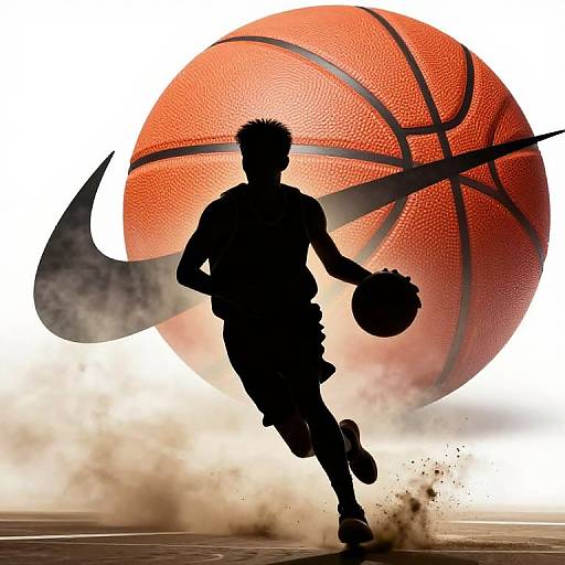 Silhouetted child dribbling basketball, large orange ball backdrop, Nike swoosh, dynamic dust kick, energetic action, digital art, high contrast