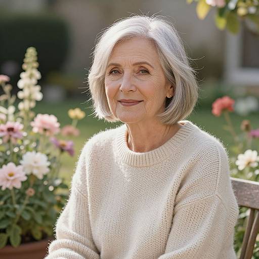 Photograph of an elderly woman with short gray hair, wearing a cream knit sweater, smiling outdoors in a sunlit garden with blooming flowers.