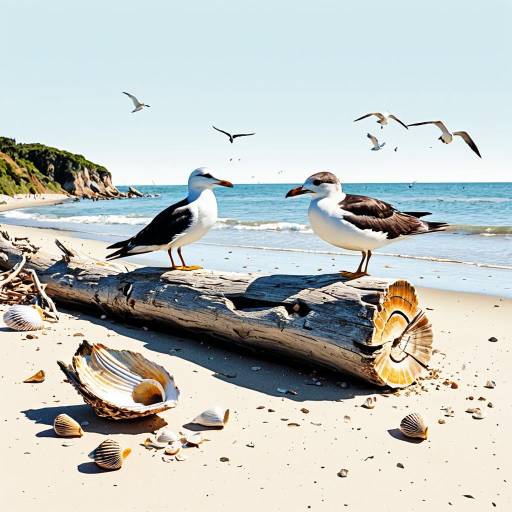 Seabirds on Driftwood by the Beach