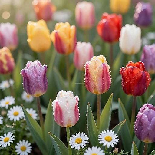 Photograph of vibrant tulips, with dewdrops, in red, yellow, white, and purple, surrounded by white daisies in a sun