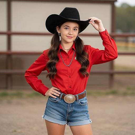 Young woman in red shirt, blue denim shorts, black cowboy hat, and belt with ornate buckle, poses confidently outdoors. Photorealistic photo.