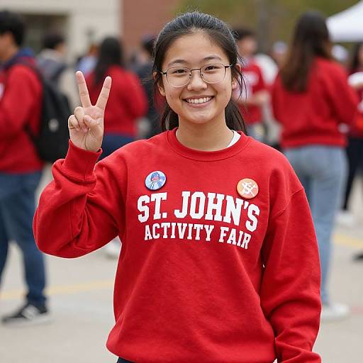 Photograph of smiling Asian woman with black hair in glasses, wearing red 