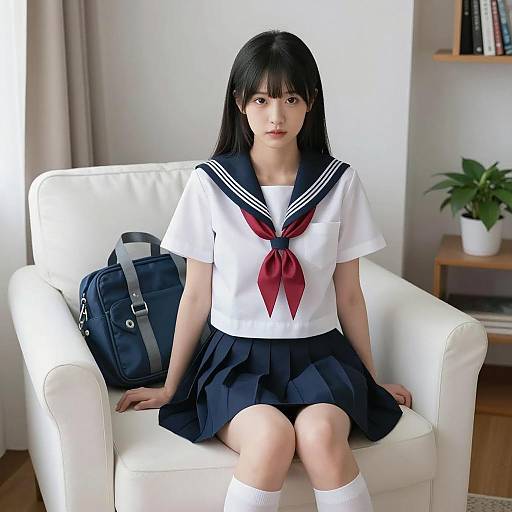 Asian Student in Sailor Uniform Sitting on Armchair