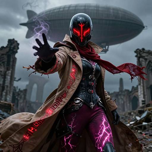 Digital artwork of a glowing-eyed masked figure in a tan trench coat, with red and purple energy, extending a hand against a ruined cityscape with a
