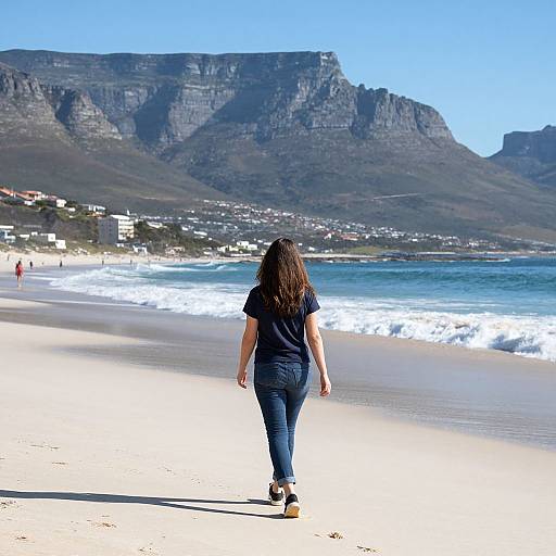 Photograph of a woman with long brown hair, wearing a black shirt and jeans, walking on a sunlit beach towards towering mountainous coastline under a