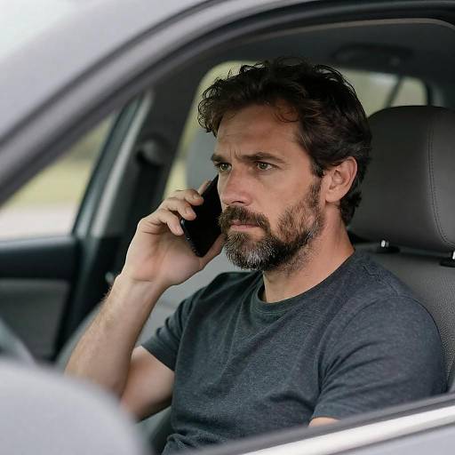 Serious Middle-Aged Man Talking on Phone in Car