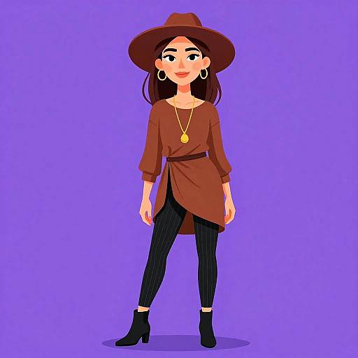 Digital illustration of a woman with medium skin tone, brown hair, wearing a brown hat, long brown shirt, black pants, gold necklace, hoop earrings