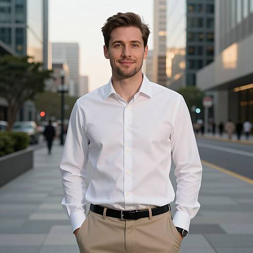 Photograph of a handsome, bearded man with short brown hair, wearing a white dress shirt and beige pants, standing confidently in a city street at