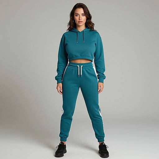 Photograph of a young woman with long dark hair, wearing a teal crop hoodie and matching jogger pants, standing confidently against a plain white background.