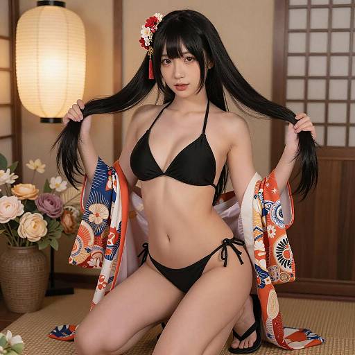 Asian Woman in Colorful Kimono Pose