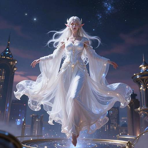 Digital fantasy artwork of an ethereal, white-haired elven woman in a glowing white gown, floating mid-air against a starry night sky with futuristic