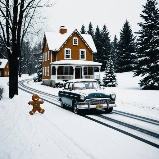 Vintage Car on Snowy Road with Gingerbread Man