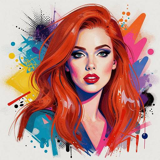 Digital pop art portrait of a fair-skinned, red-haired woman with bold red lips, intense blue eyes, and vibrant splatter background.