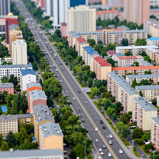 Aerial photograph of a bustling urban cityscape with a wide, traffic-filled highway running through densely packed buildings and green trees.