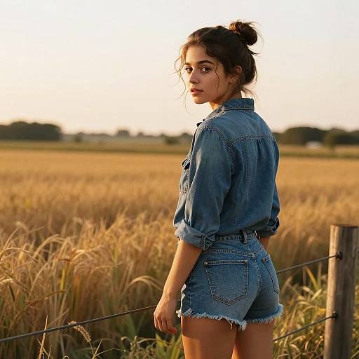 Denim Girl on Fence at Sunset