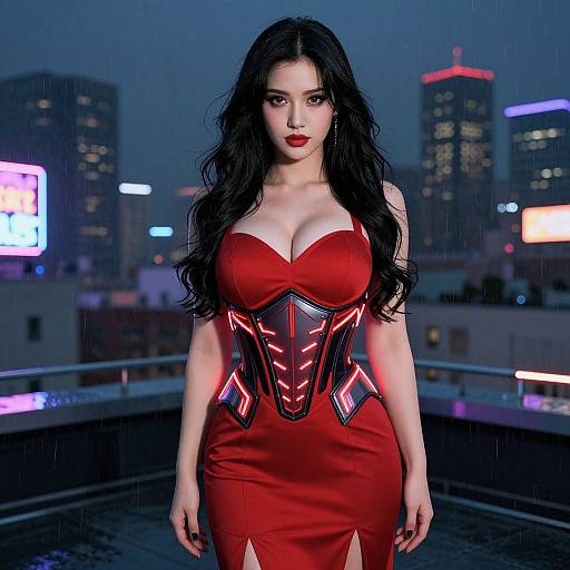 Photograph of a curvy Asian woman with long black hair, wearing a tight, red, corset-style dress with neon accents, standing on a