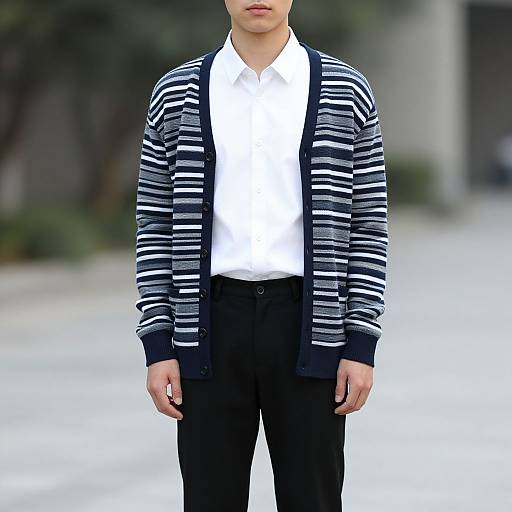 Photograph of a young man with a fair complexion, wearing a white shirt, black pants, and a black and white striped cardigan, standing outdoors