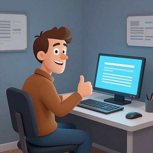 Cartoon Man Giving Thumbs Up at Desk