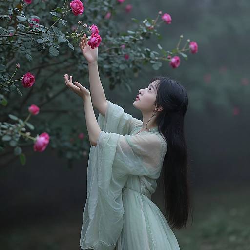 Photograph of a pale-skinned woman with long black hair, wearing a sheer white dress, reaching for pink roses in a misty, dark green