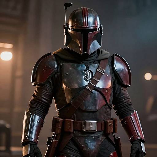 Photograph of a muscular, armored Mandalorian warrior in shiny black and red armor with a T-shaped emblem, standing in a dimly lit, fog