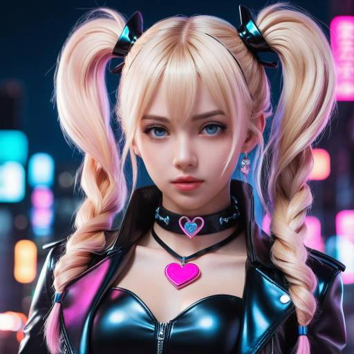 Young Woman with Blonde Twin-Tails and Neon Leather Outfit