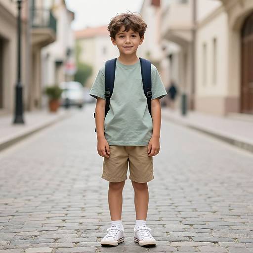 Boy with Backpack on Cobblestone Street