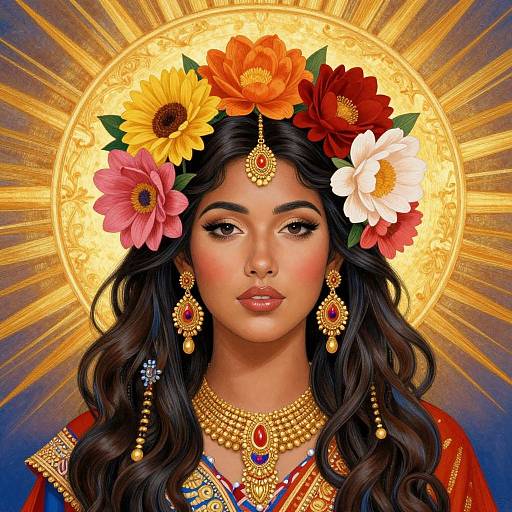 Digital art of a beautiful woman with dark, wavy hair, adorned in gold jewelry, wearing a colorful flower crown, against a radiant gold halo.
