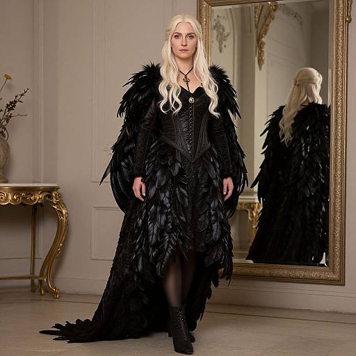 Photograph of a blonde woman with long wavy hair, wearing a black feathered coat over a corseted dress, standing in an elegant room