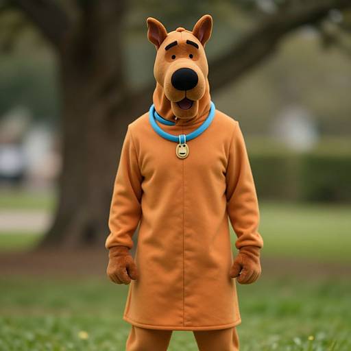 Photograph of person in Scooby-Doo costume, orange onesie, blue collar, gold tag, standing outdoors, blurred trees and grass background.