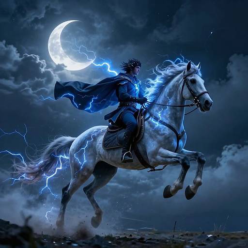 Digital art: Dark-clad warrior with blue lightning aura rides a white, galloping horse under a stormy night sky with a glowing crescent