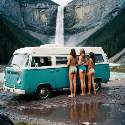 Vintage Camper Van by Waterfall in Banff