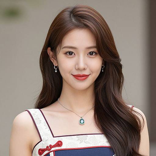 Photograph of a young East Asian woman with long, dark brown hair, light skin, red lipstick, wearing a white and navy dress, blue necklace