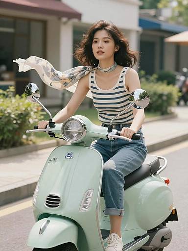 Woman Riding Vintage Scooter in Urban Setting