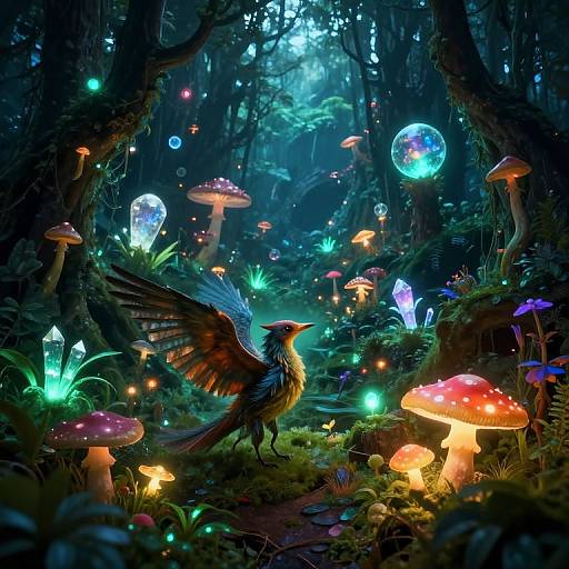 Digital fantasy artwork of a vibrant, magical forest with glowing mushrooms, luminescent orbs, and a bird with wings spread, surrounded by enchanted flora and