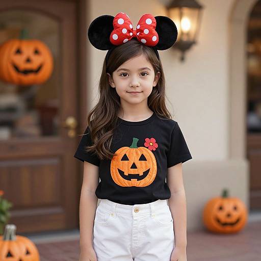 Photograph of a young girl with long brown hair, wearing black Mickey Mouse ears with a red polka-dot bow, black pumpkin shirt, and white