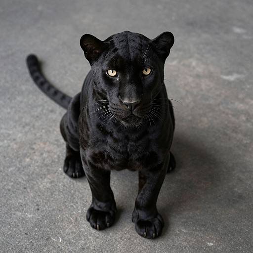 Photograph of a black panther with striking yellow eyes, standing on a gray concrete floor, gazing directly at the camera.