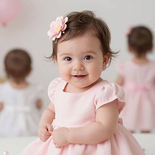 Photograph of a smiling toddler girl with dark brown hair, wearing a pink dress and flower hair accessory, standing in a bright, blurred background with two
