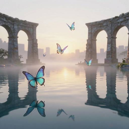 Photograph of blue butterflies flying over a serene reflective water surface, with ancient stone arches in the background at sunrise.